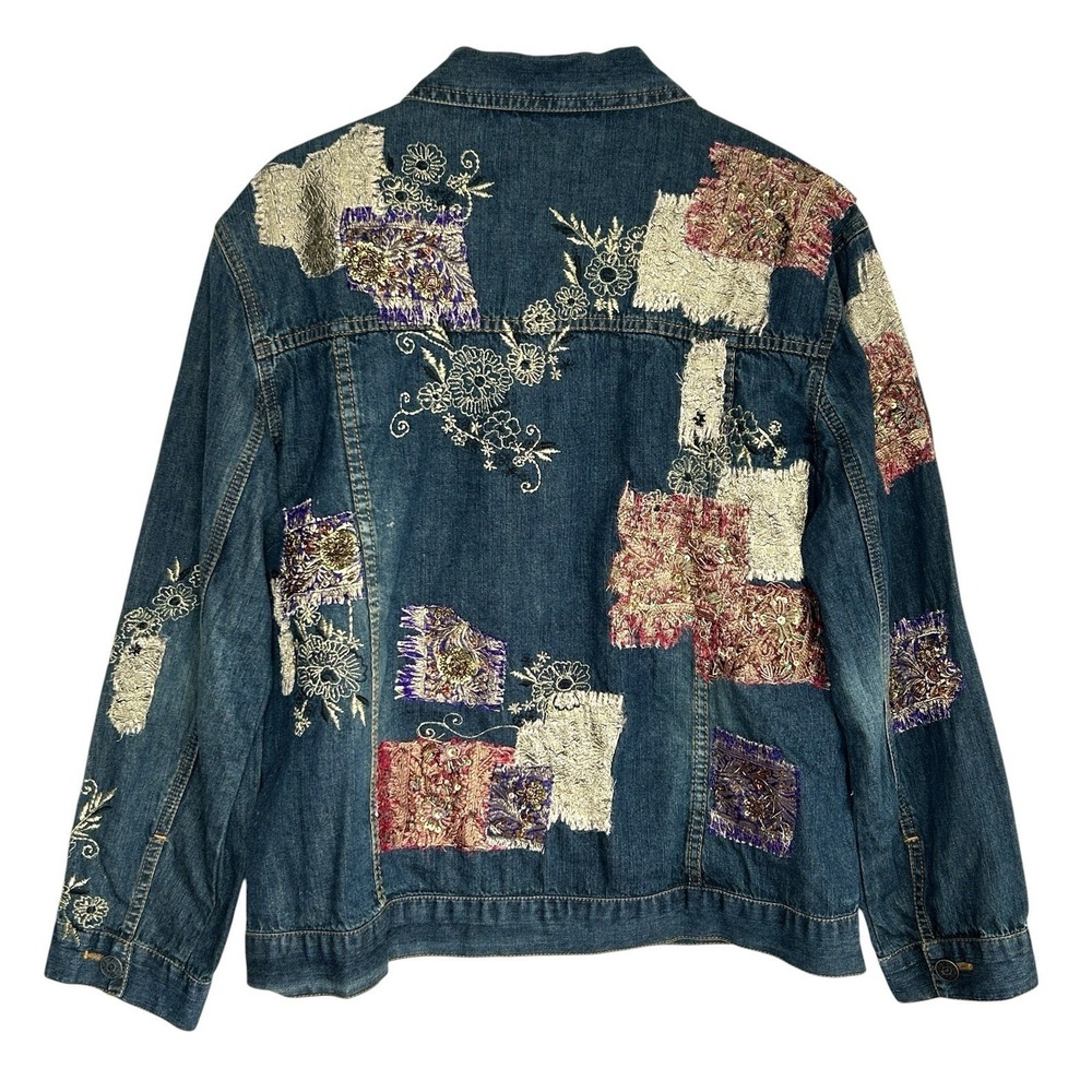 Chicos Patchwork Denim Jacket Sz 1 M Boho Indie Western Floral Embroidered Art - Picture 2 of 9